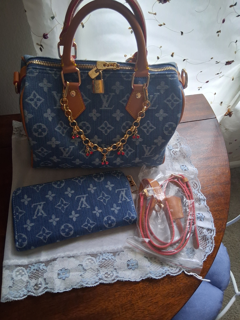 Blue Monogram Denim Crossbody Satchel with Charm Chain